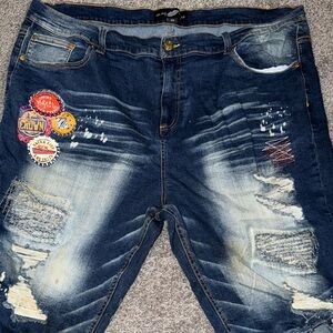 Men's Distressed Blue Jeans with Patches